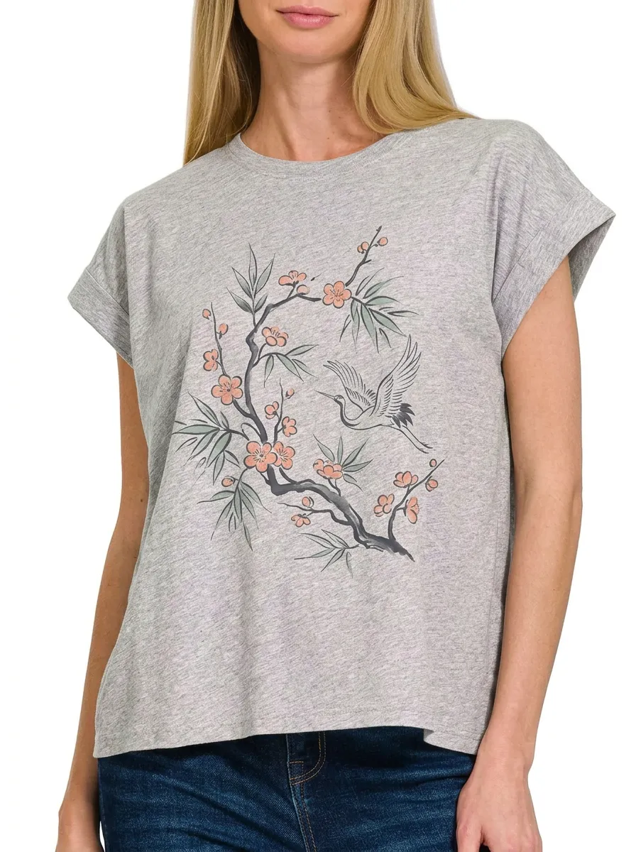 Women's Japanese Nature Art Crane Cherry Blossom Printed T-shirt