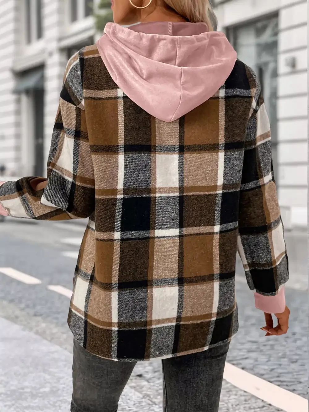 Relaxed Drawstring Long-Sleeve Plaid Hoodie