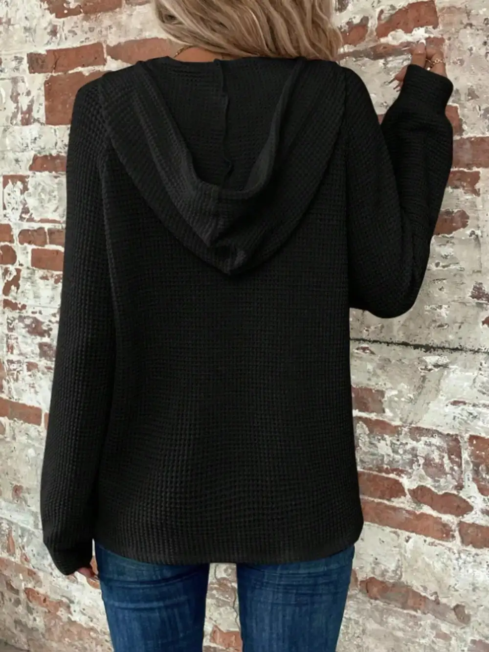 Drawstring Buttoned Pocketed Waffle-Textured Hoodie