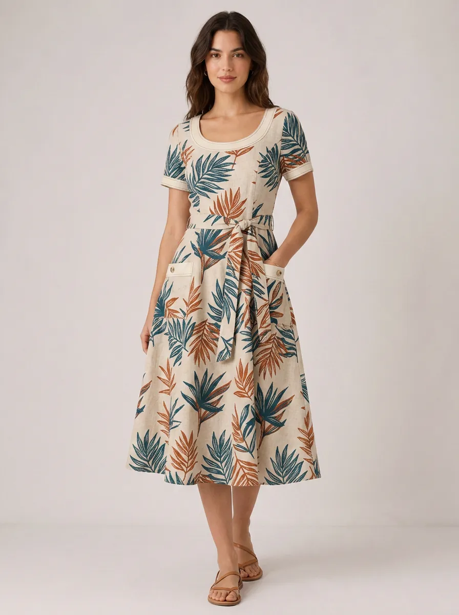 Women's Tropical Botanical Leaf Printed Linen Midi Dress