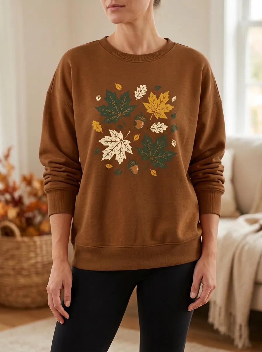 Layered Pattern Maple-Leaf Printed Acorn Graphic Sweatshirt
