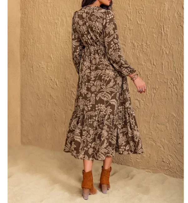 Ruched V-Neck Long Sleeve Midi Dress