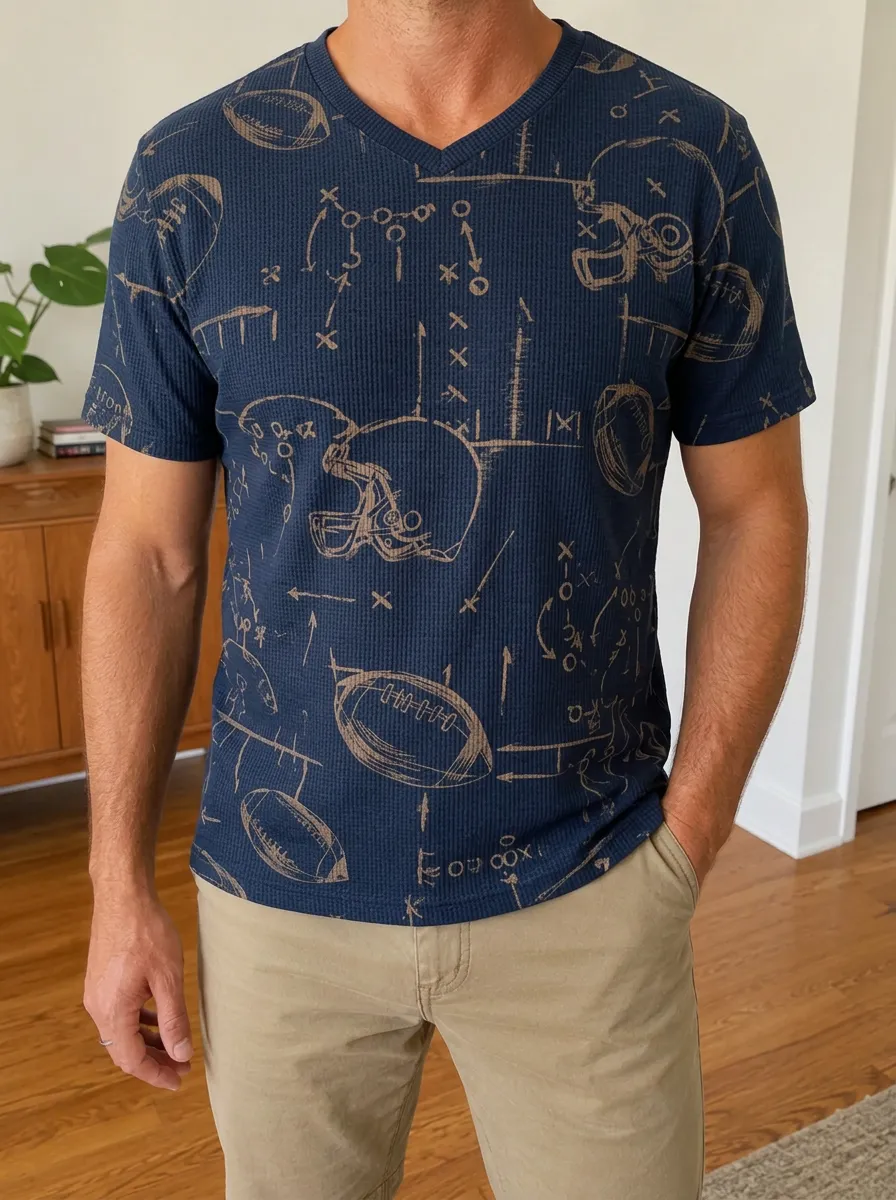 Men's Game Day Football Fan Playbook Helmet Printed Waffle Knit Top