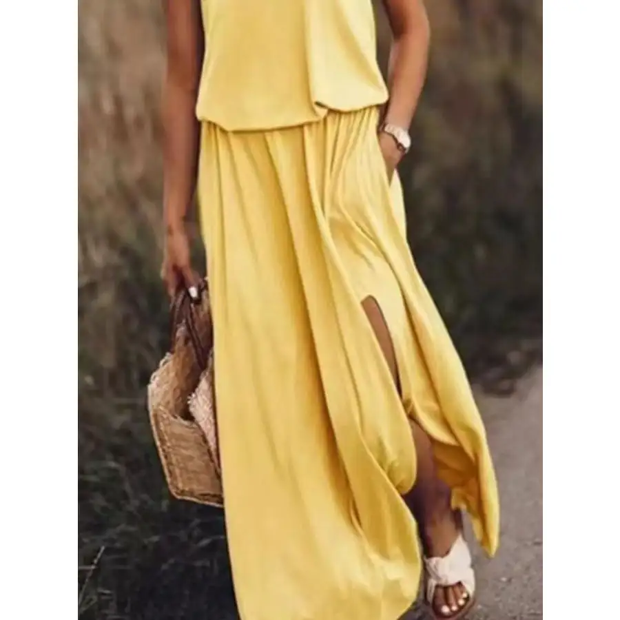 Full Size Round Neck Sleeveless Slit Maxi Dress Plus Size