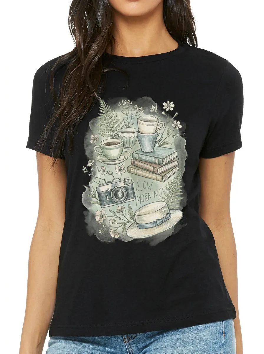 Women's Slow Morning Coffee Books Camera Printed T-shirt