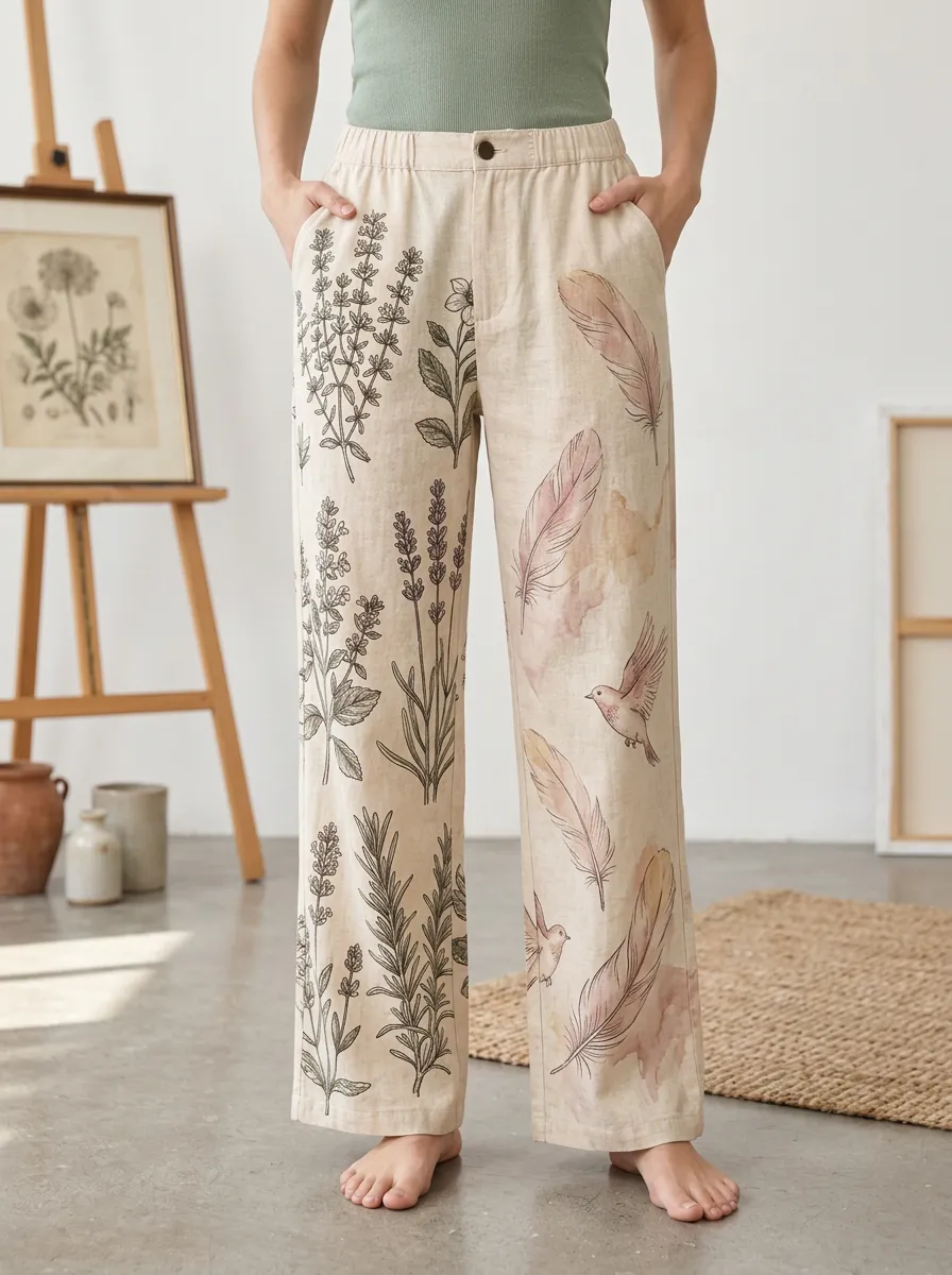 Women's Botanical Bird Feather Printed Wide Leg Pants