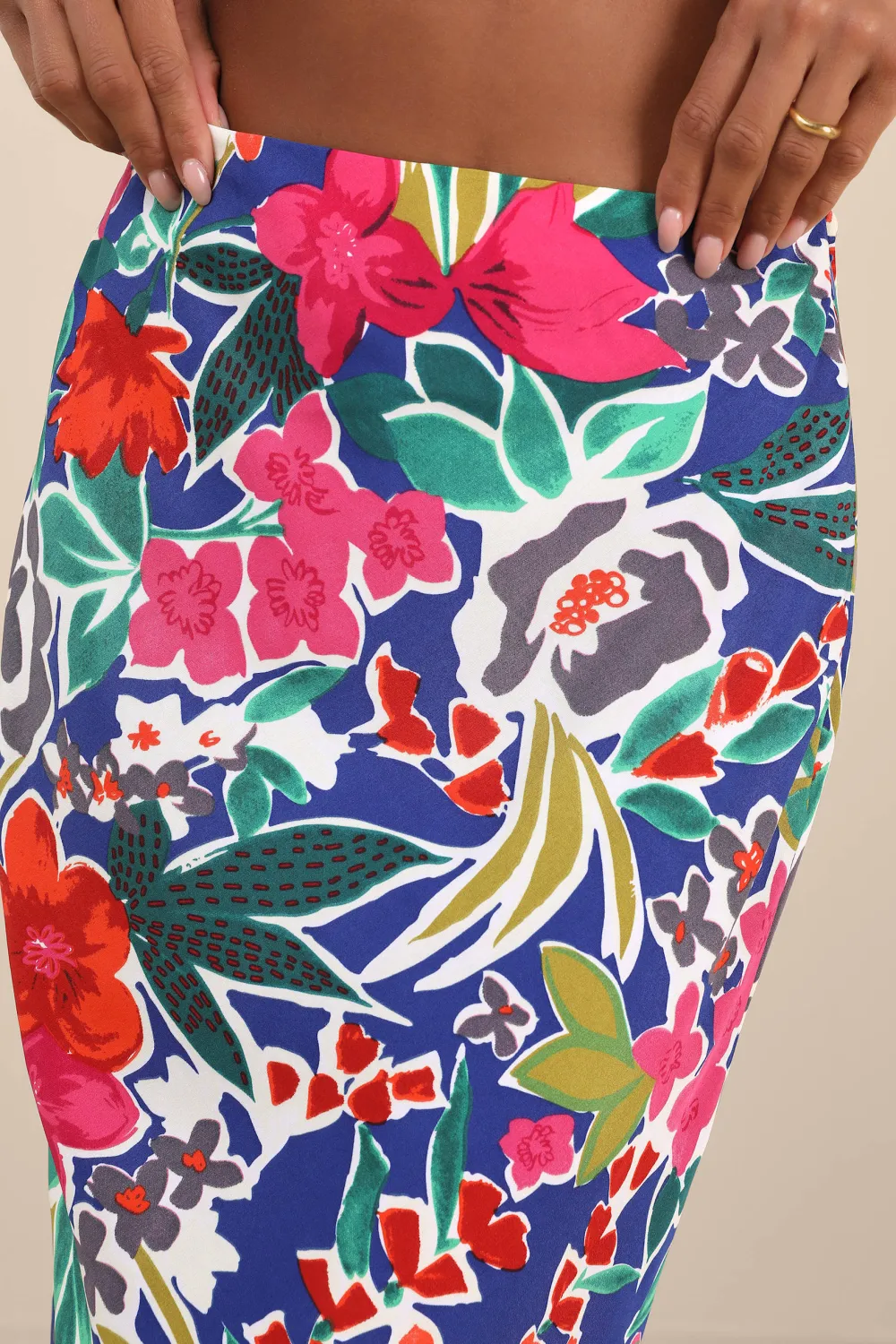 Casual Style Dark Blue Floral High-Rise Midi Skirt
