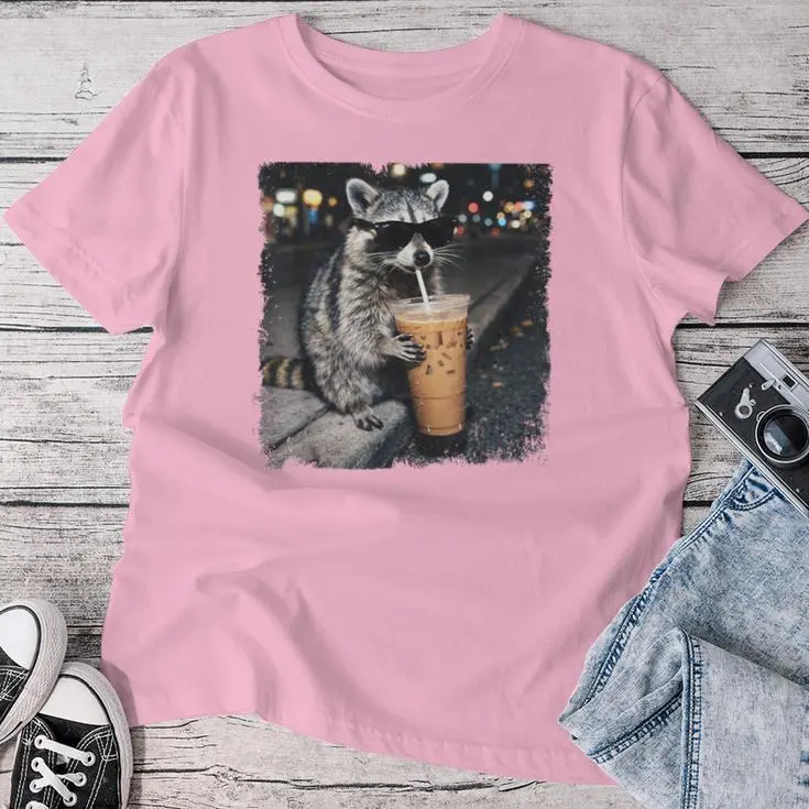 Raccoon Drinking Iced Coffee Animal Meme Raccoon Women T-shirt