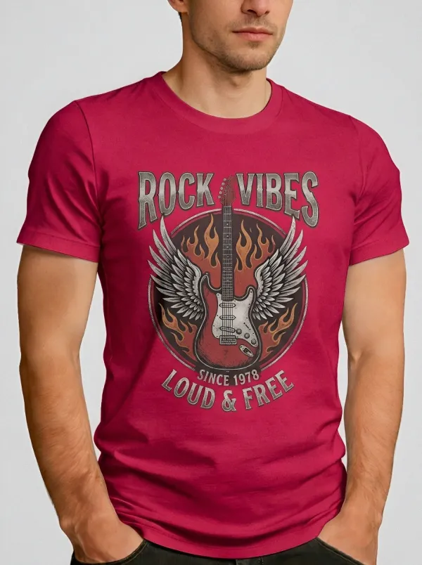 Men's Rock Music Lover Winged Guitar Fire Printed T-shirt