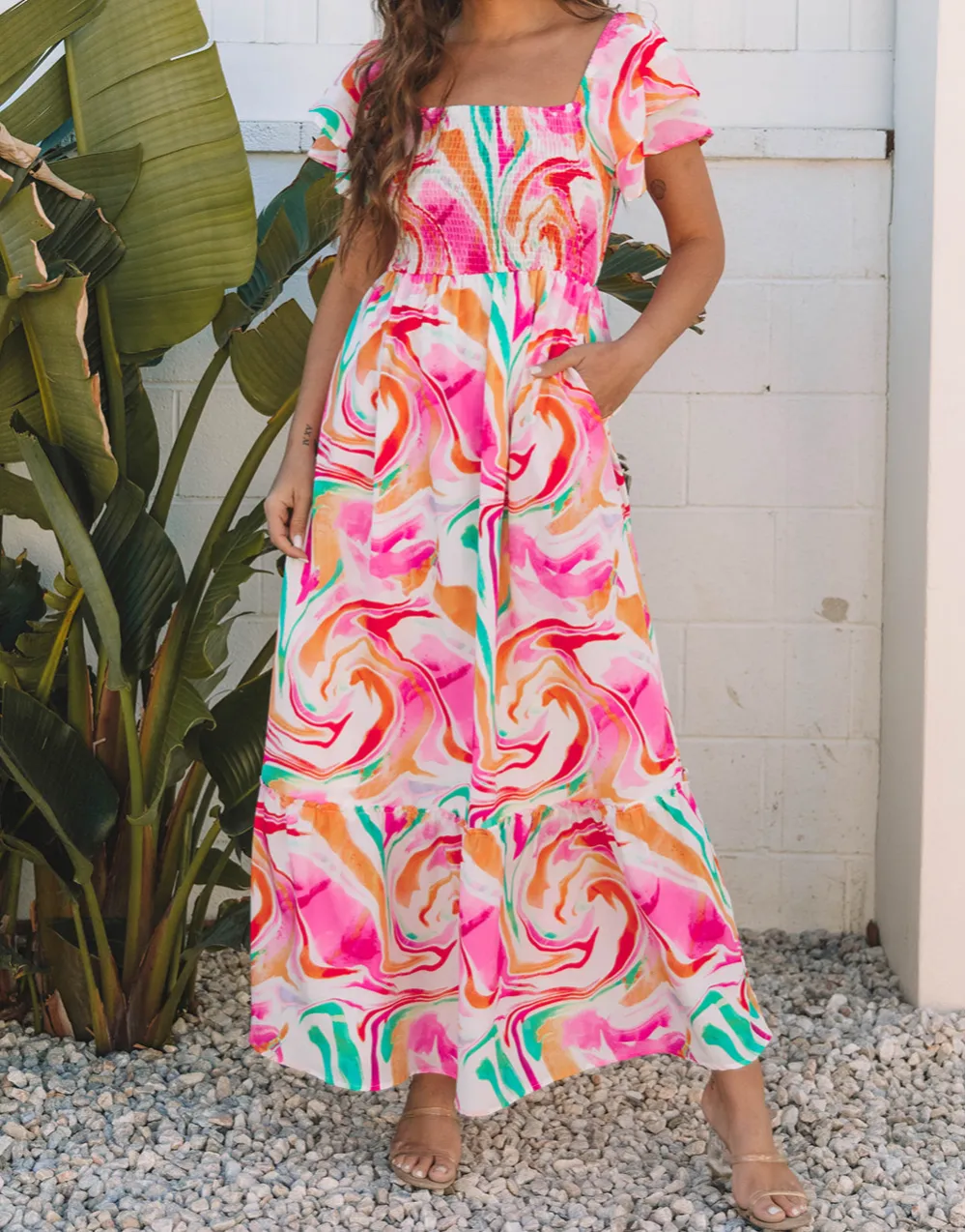 Abstract Print Ruffled Sleeve Smocked Bust Maxi Dress