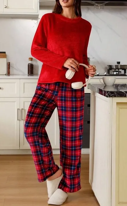 Red Long Pants Plaid Soft Plush Pajama Set