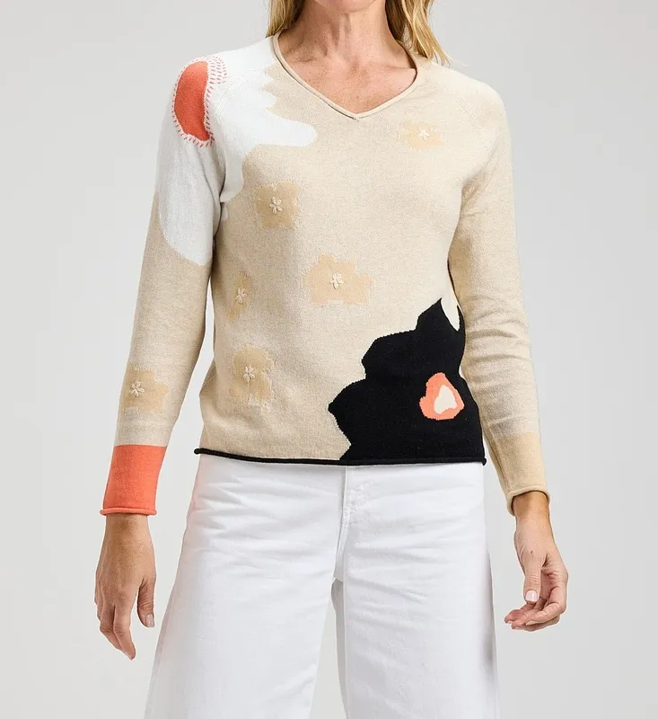 Cotton Cashmere Embroidered Floral Sweater