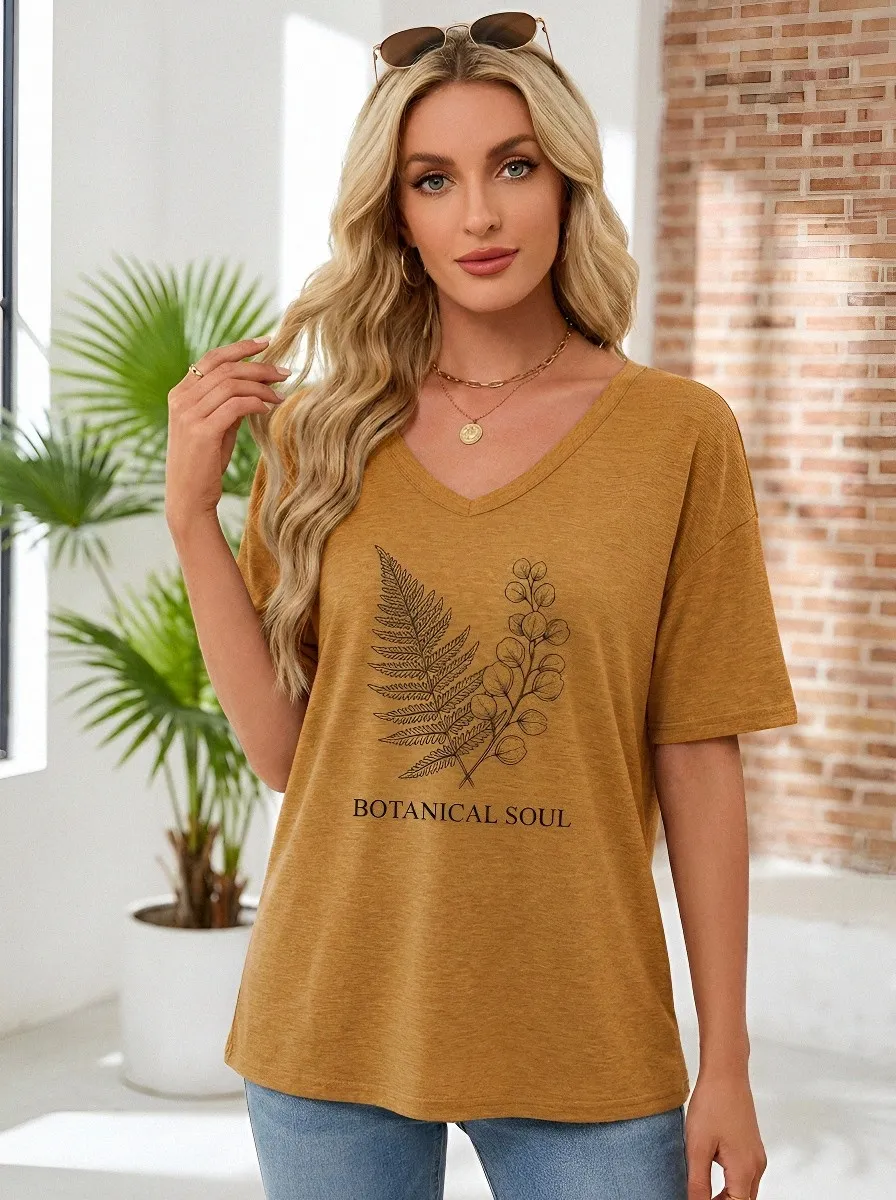 Women's Nature Lover Botanical Soul Fern Printed V-neck T-shirt