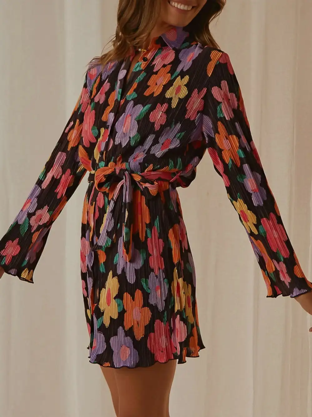 Long-Sleeve Cotton Printed Mini Dress