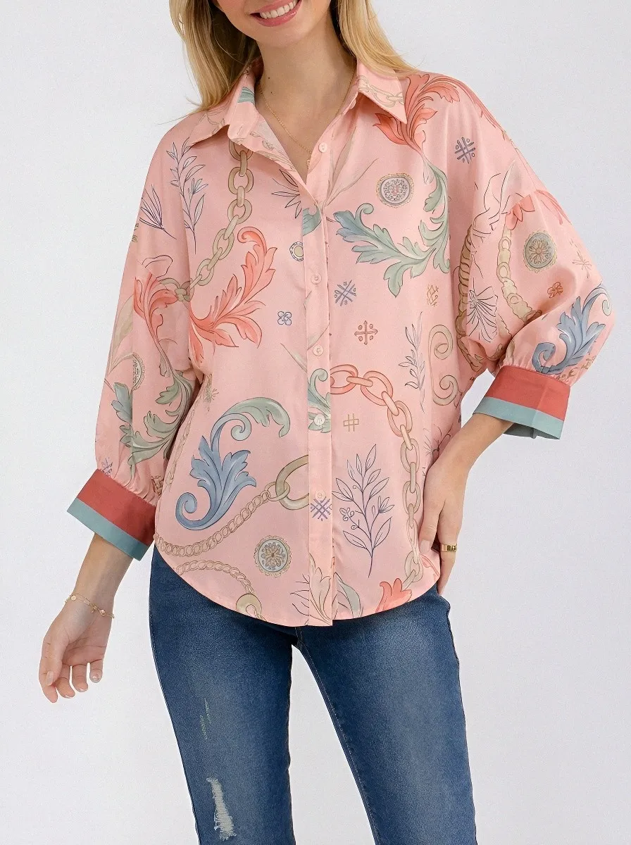 Women's Vintage Baroque Chain Floral Printed Button-up Shirt
