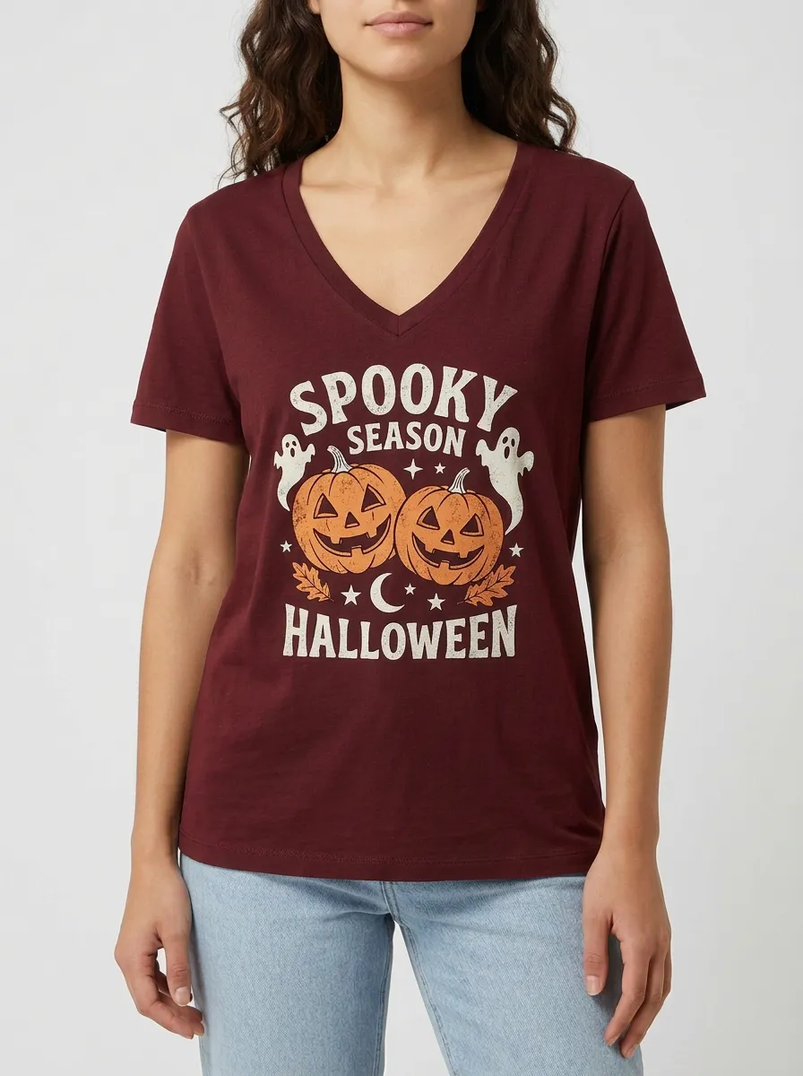 Women's Halloween Spooky Season Pumpkin Ghost Printed V-neck T-shirt