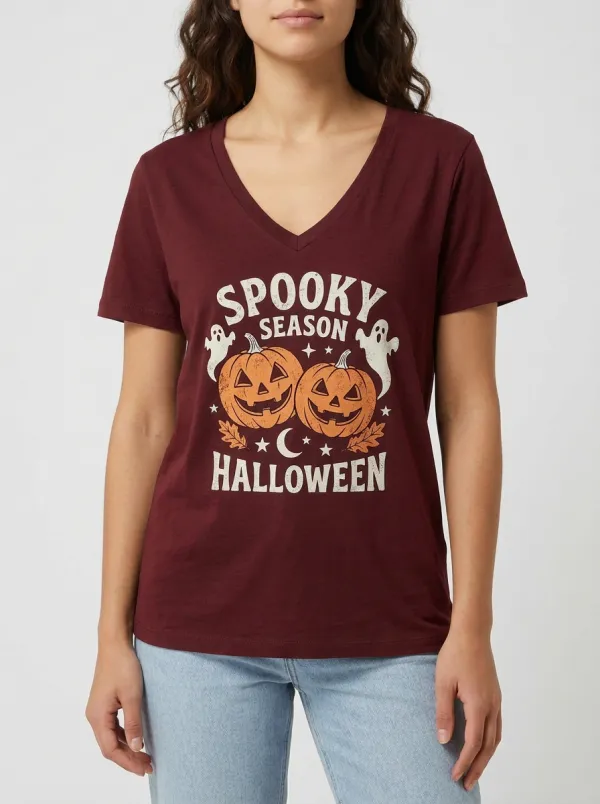 Women's Halloween Spooky Season Pumpkin Ghost Printed V-neck T-shirt