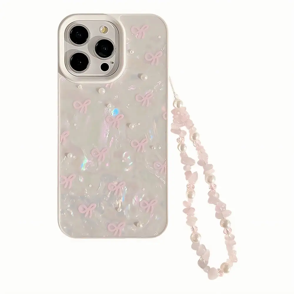Bow Cat Wrist Strap Beaded Wristlet Phone Case