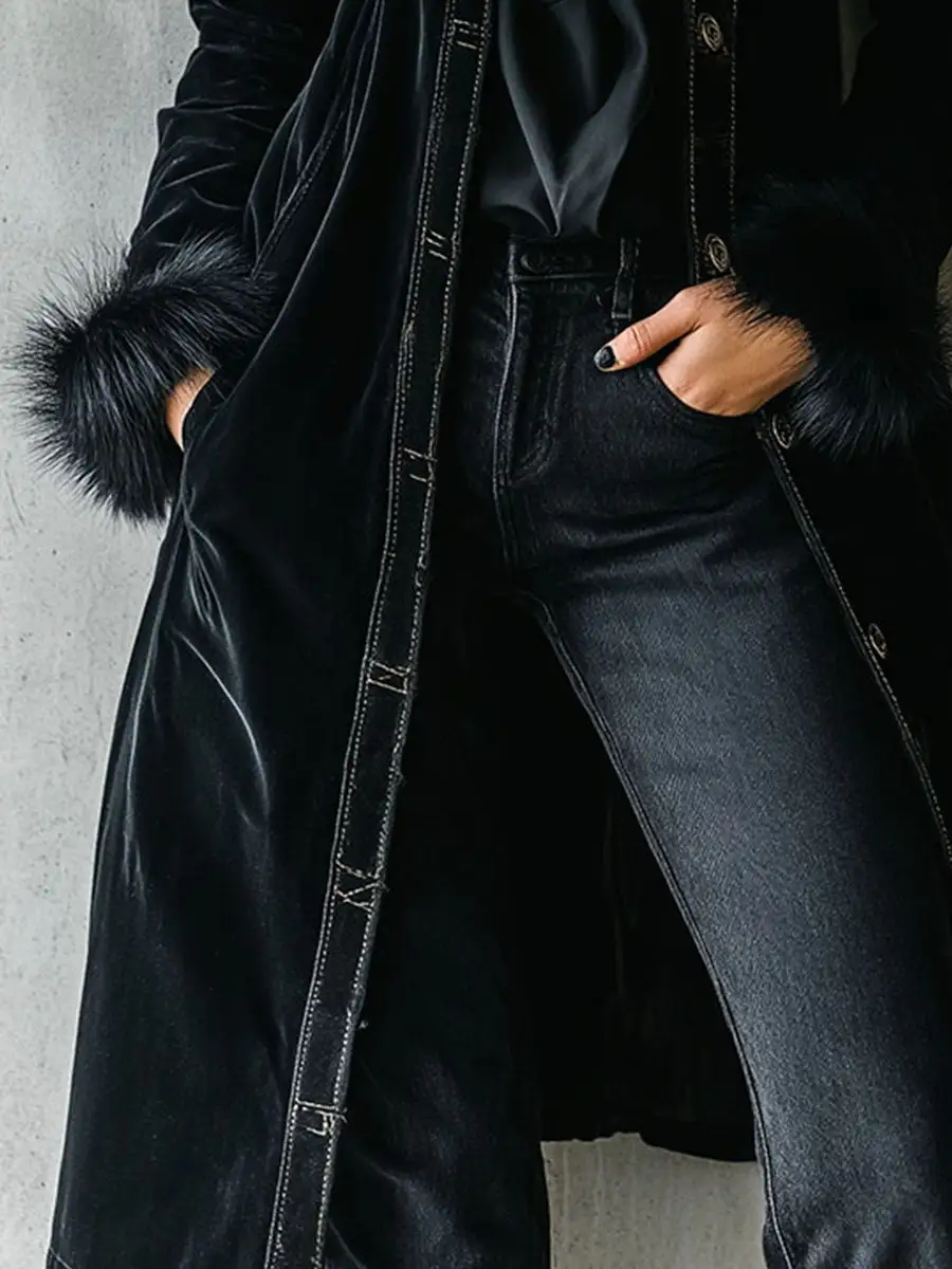 Elegant Tailoring Long Black Velvet Coat With Eco Fur Collar & Cuffs