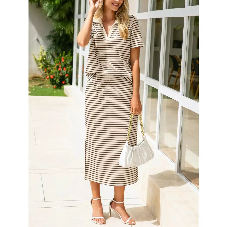 Modern Striped Polo Collar Top And Slit Skirt Two-Piece