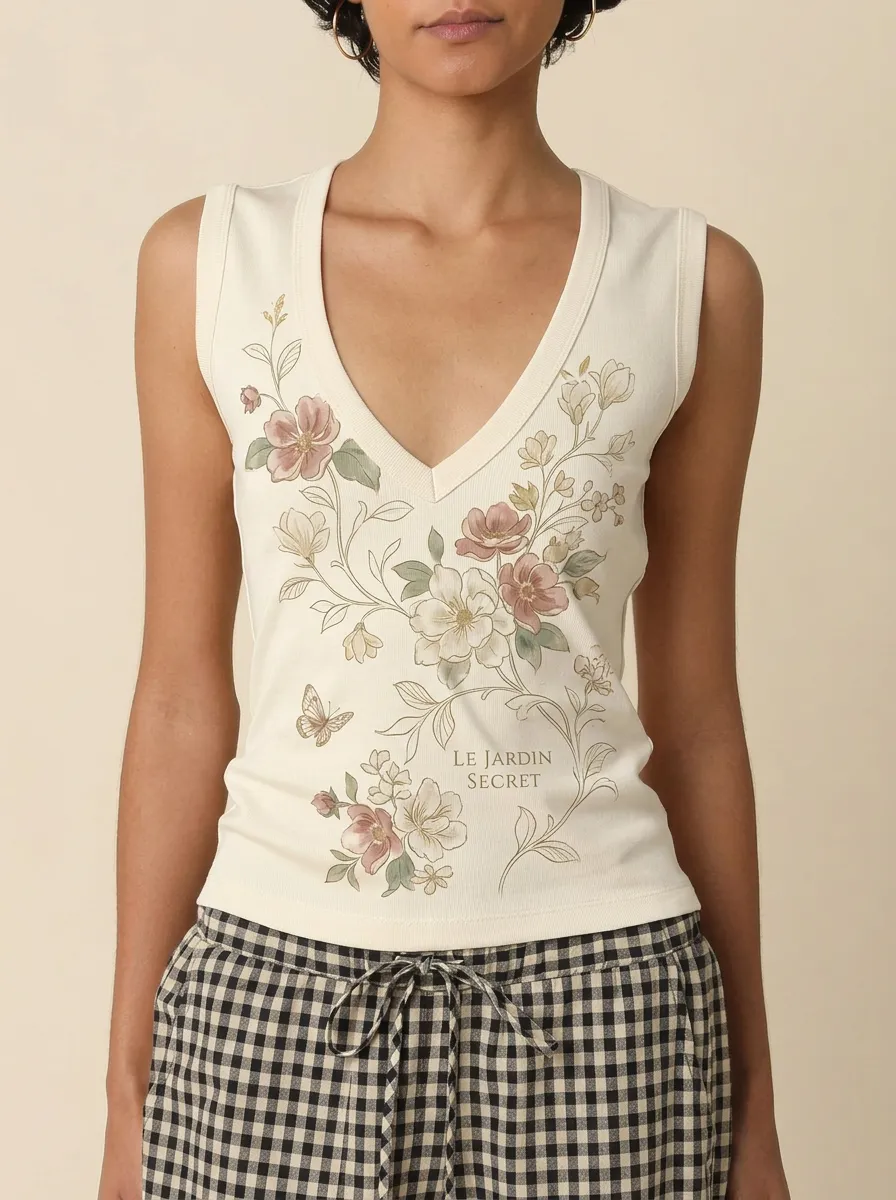 Women's Floral Garden Le Jardin Secret Printed V-neck Tank Top