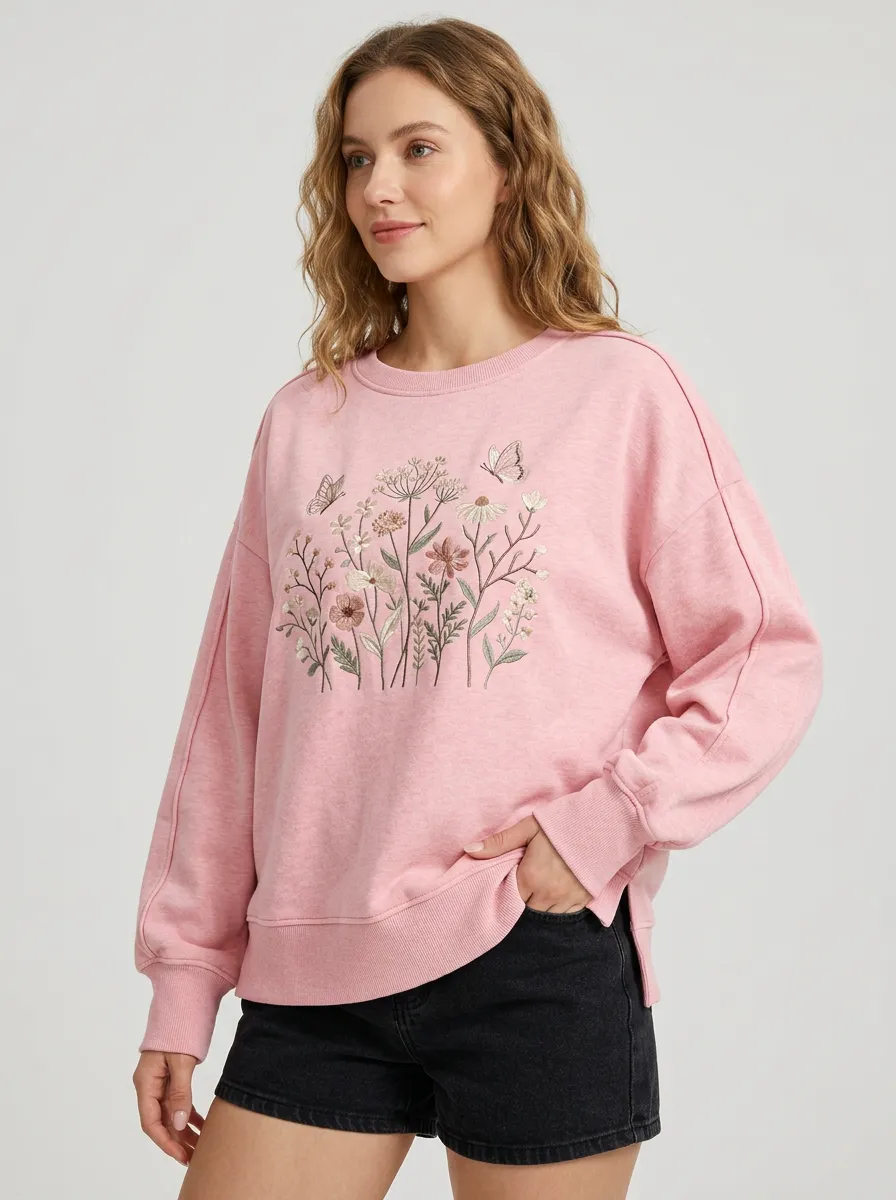 Women's Floral Butterfly Nature Lover Embroidered Printed Sweatshirt