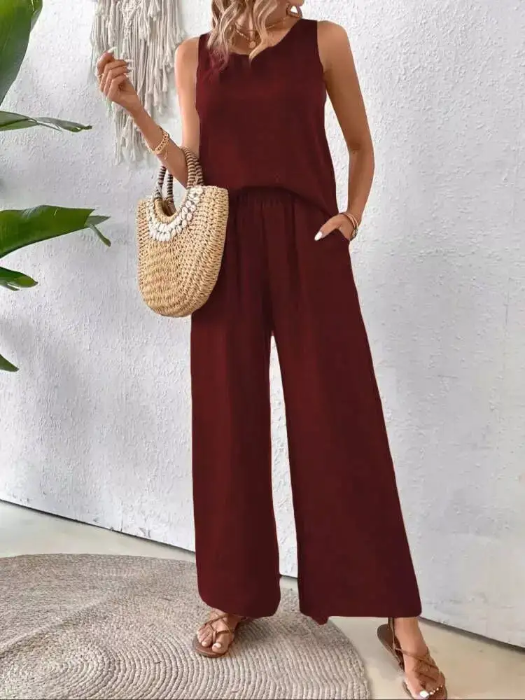 Round-Neck Cutout Pants Matching Set