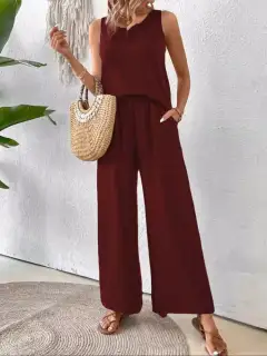 Round-Neck Cutout Pants Matching Set