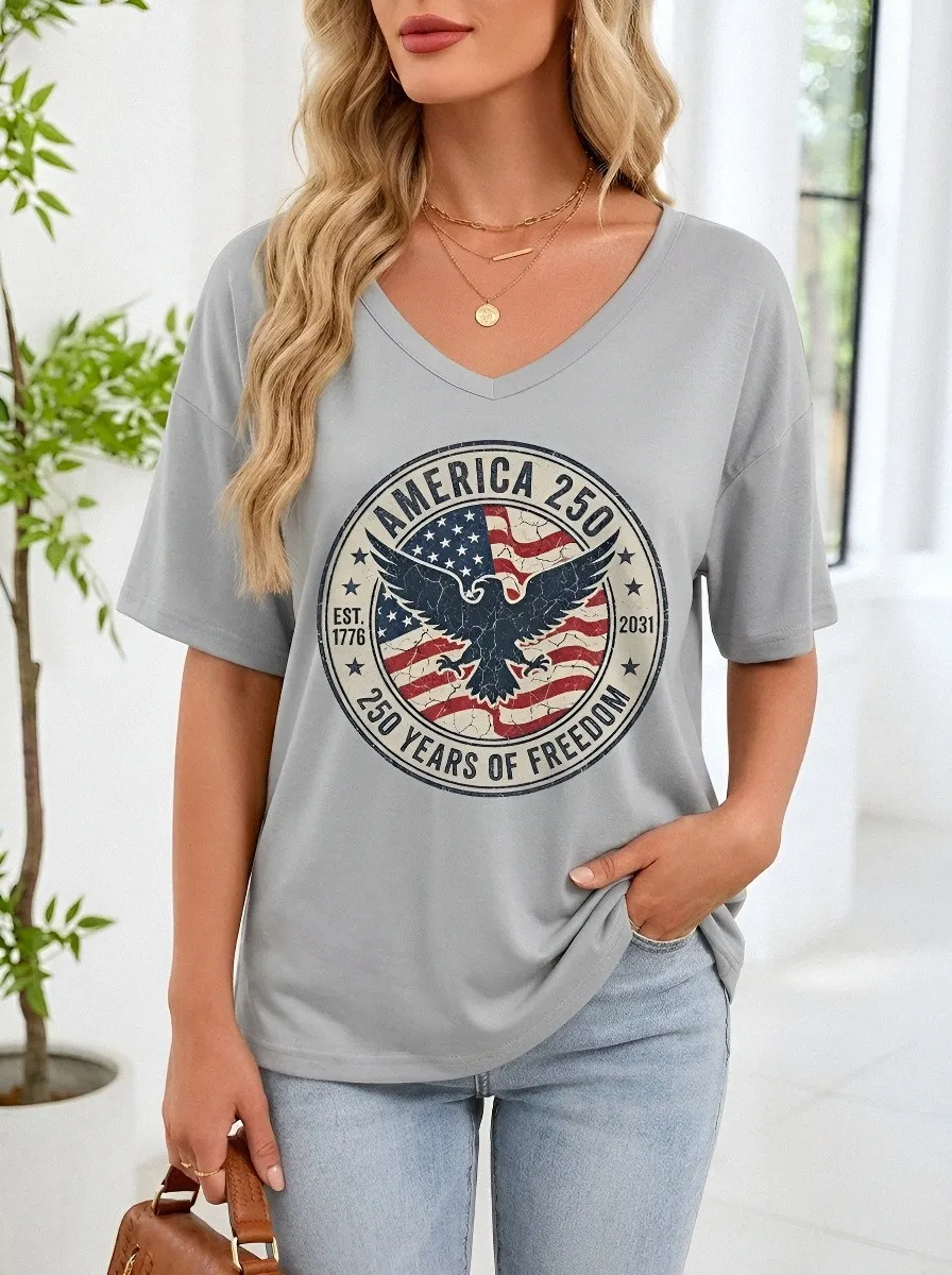 Women's USA Patriotic Eagle America 250 Printed V-neck T-shirt