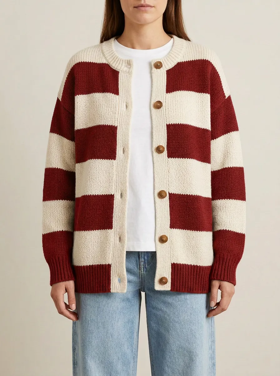 Button Front Rugby Striped Button Front Knit Cardigan