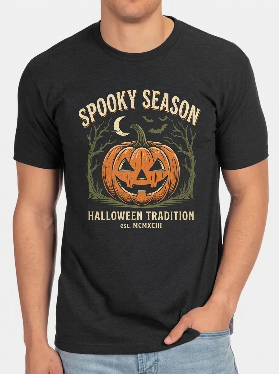 Men's Halloween Spooky Season Pumpkin Bats Printed T-shirt