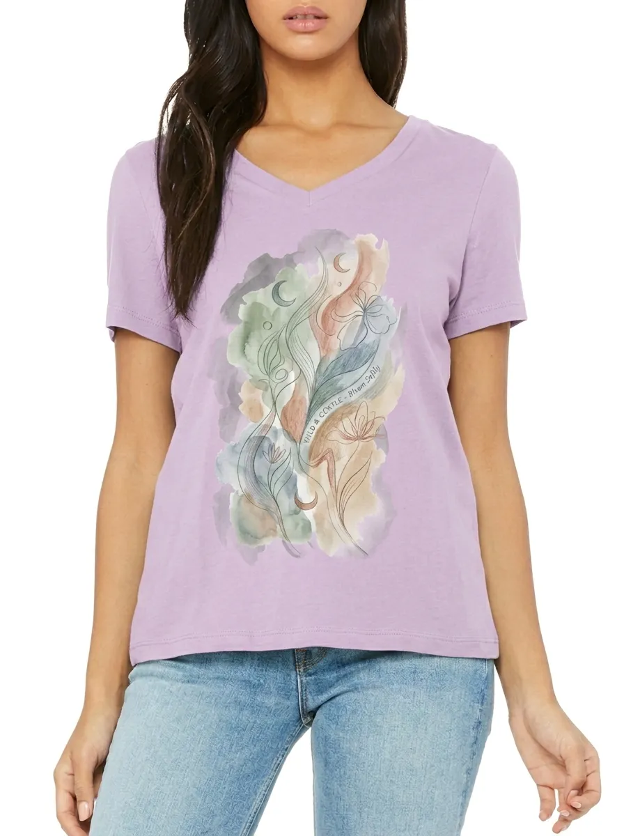 Women's Botanical Moon Watercolor Printed V-neck T-shirt