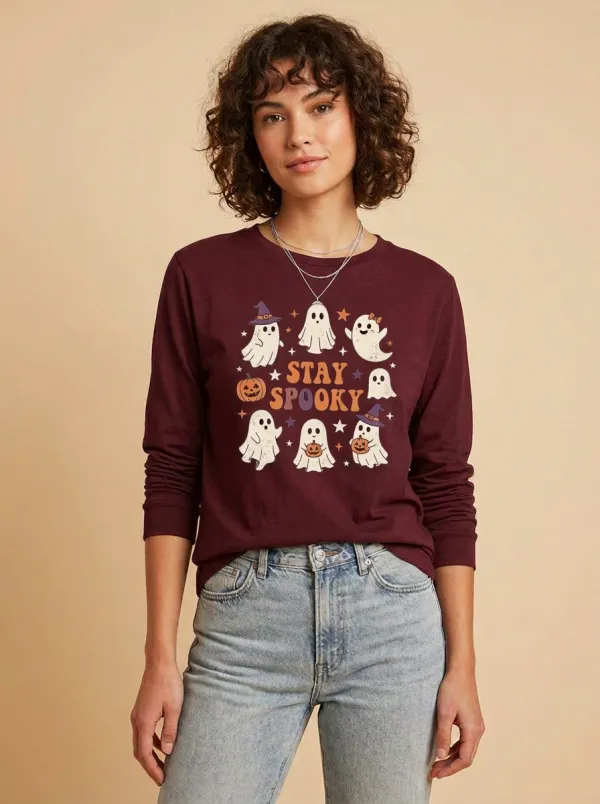 Women's Halloween Stay Spooky Ghost Pumpkin Printed Long Sleeve Top