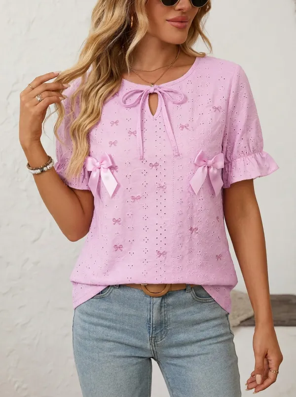 Women's Round Neck Bow-detail Eyelet Top