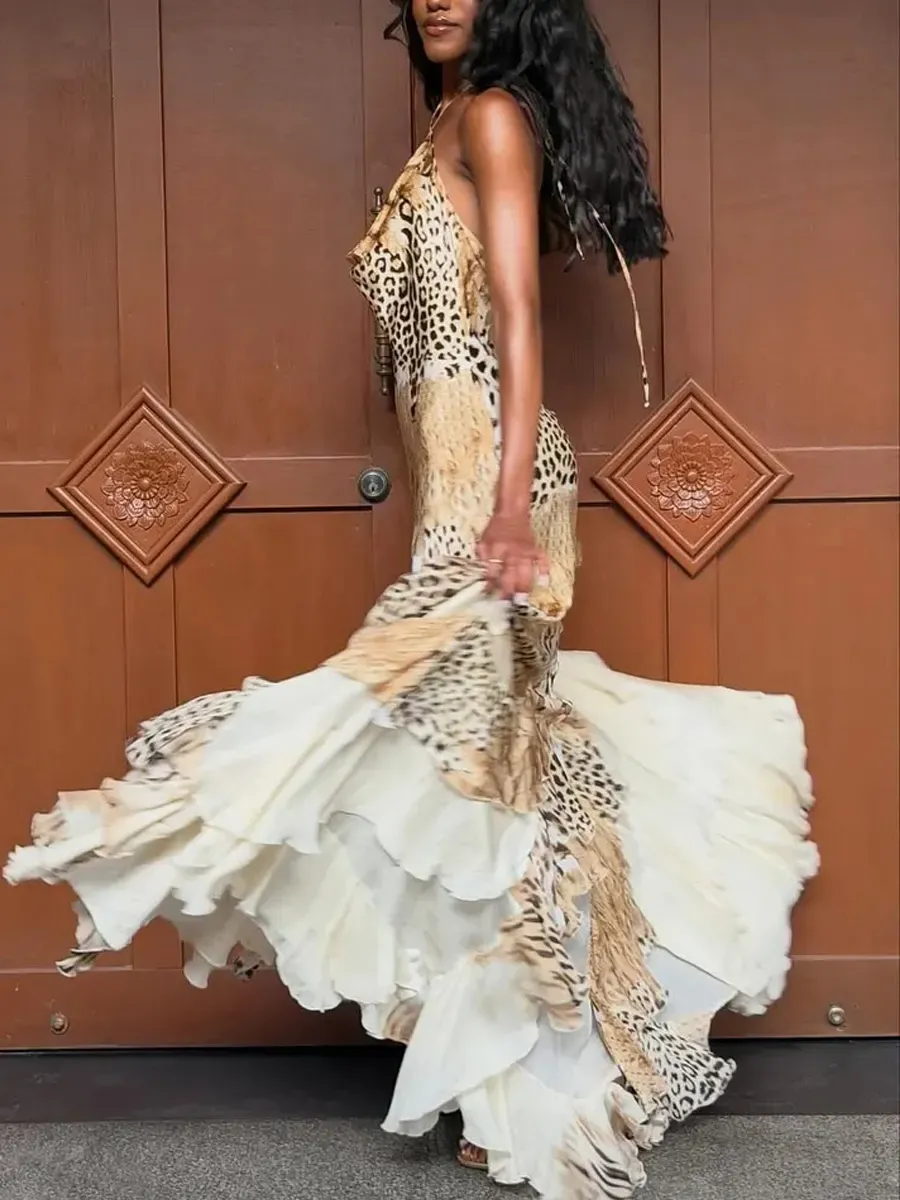 Willow Leopard Print Halter Ruffle Maxi Dress