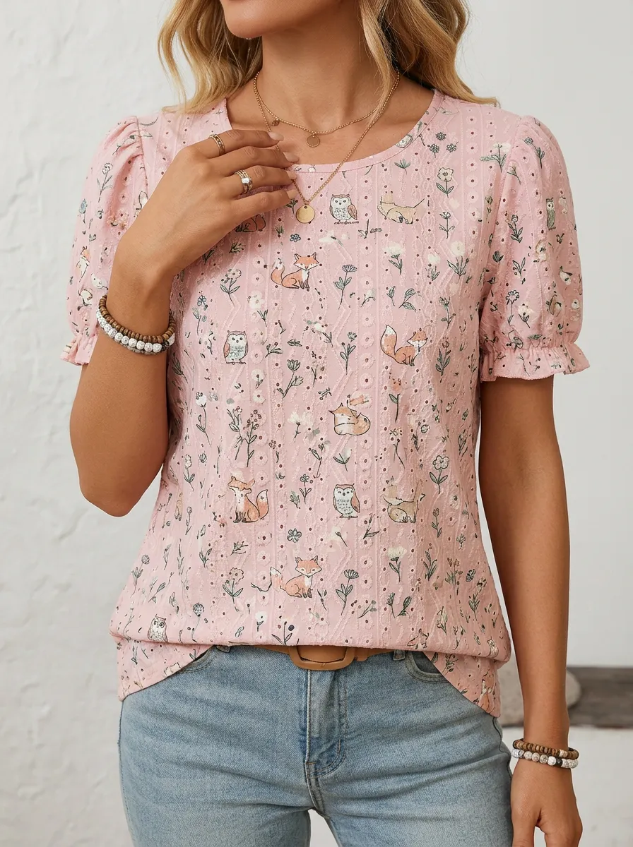 Fox Owl Floral Women's Loose Printed T-Shirt