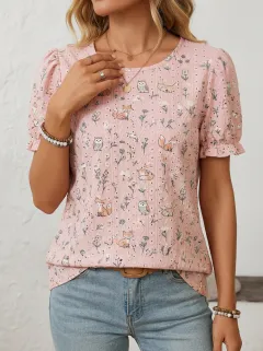 Fox Owl Floral Women's Loose Printed T-Shirt