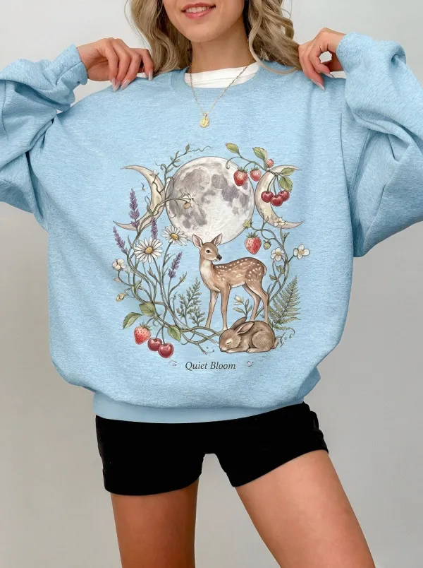 Women's Cottagecore Moon Deer Rabbit Floral Printed Sweatshirt