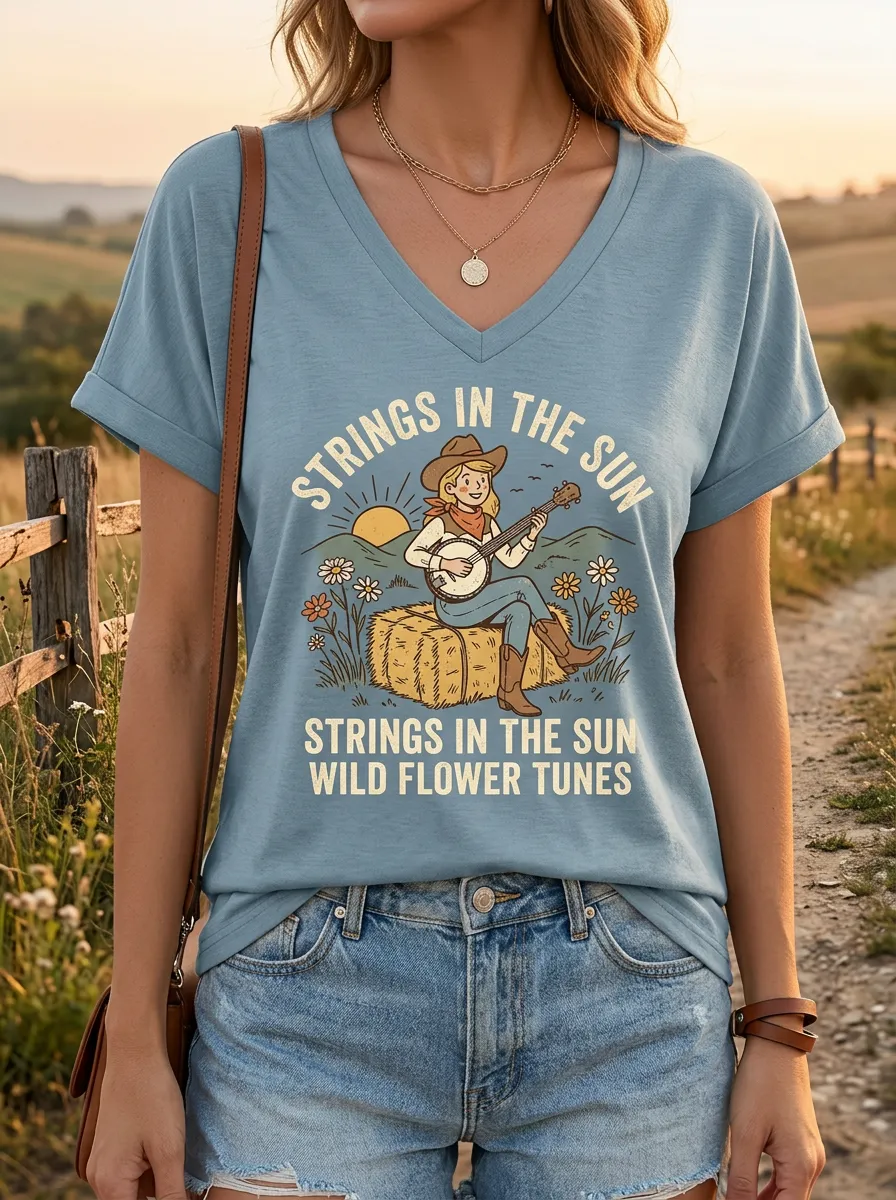 Rustic Banjo Wildflower Women's Country Music V-Neck T-Shirt