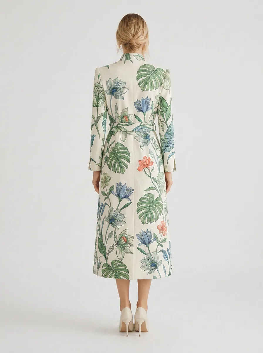 Women's Botanical Floral Monstera Leaf Printed Trench Coat
