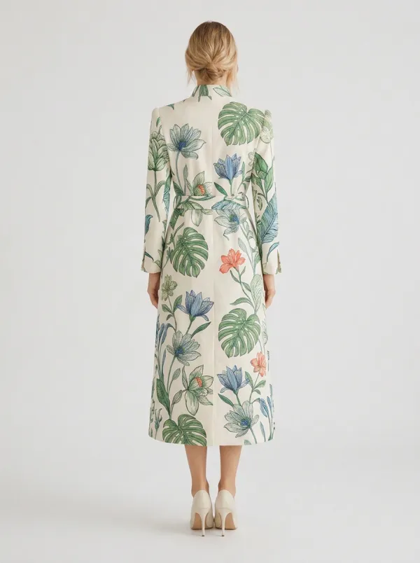Women's Botanical Floral Monstera Leaf Printed Trench Coat