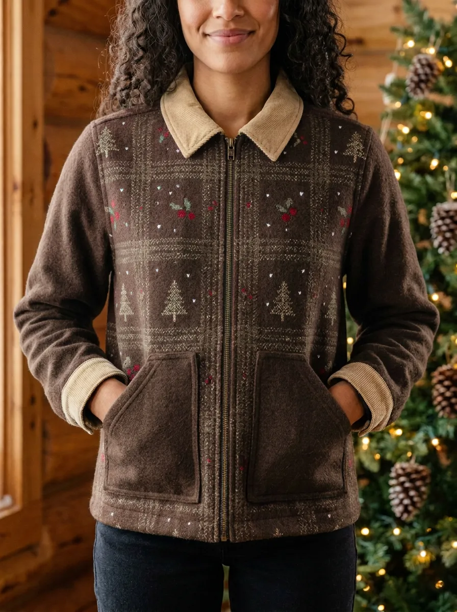 Christmas Holiday Tree Plaid Print Zip-up Jacket