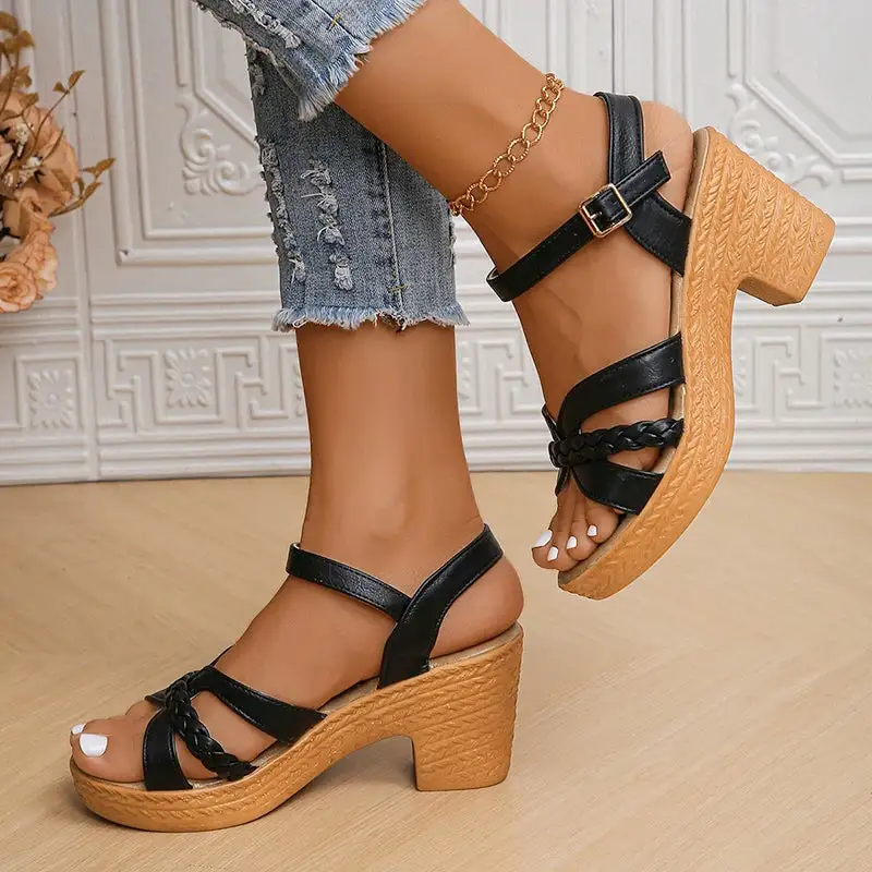 Braided Platform Ankle Strap Heeled Sandals