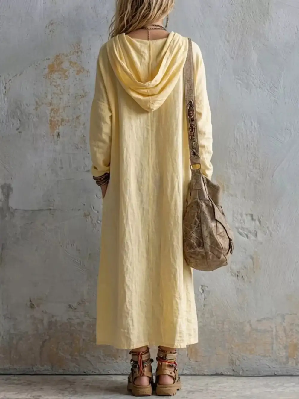 Long Sleeve Hooded Midi Dress With Pockets