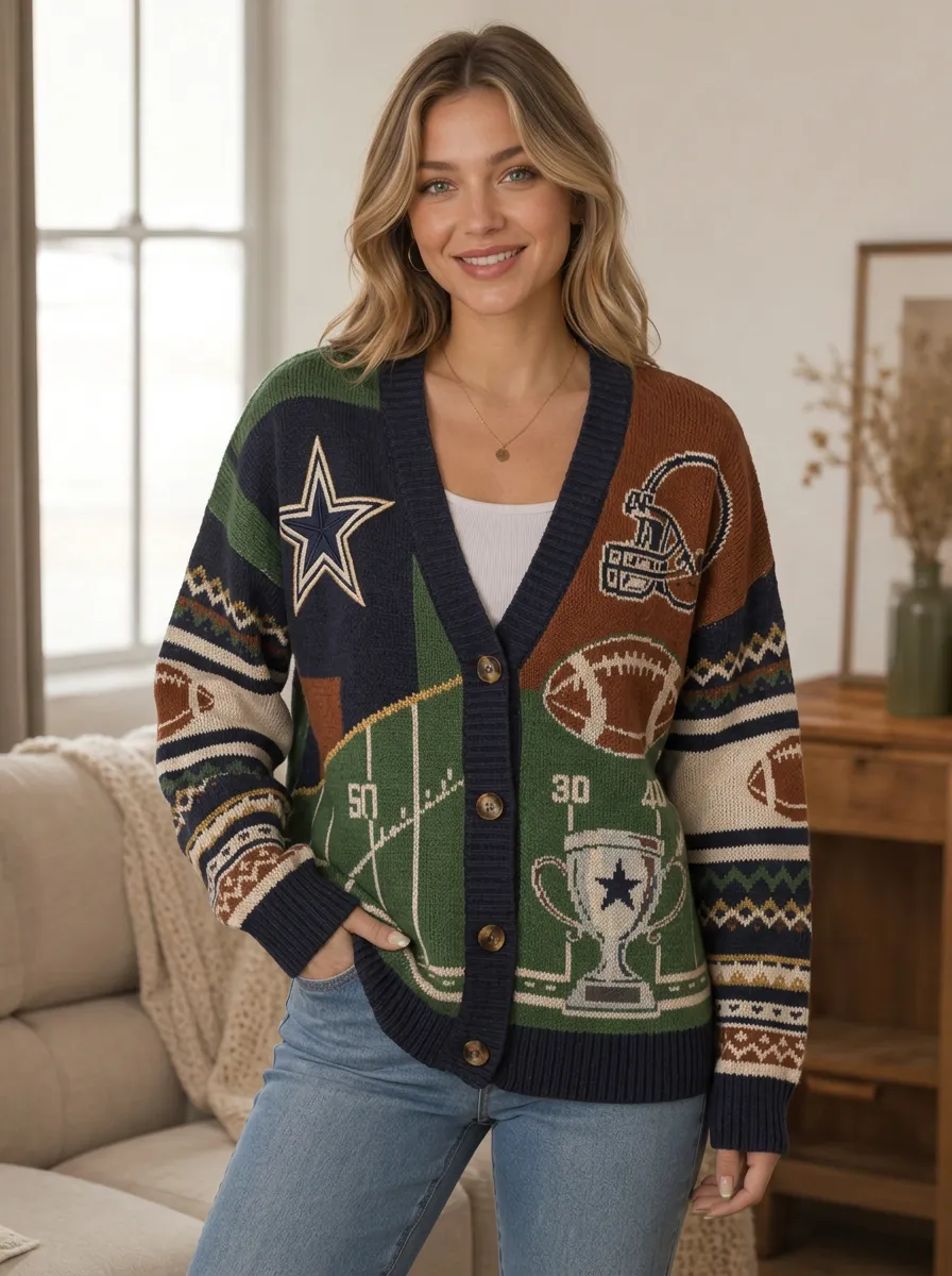 Women's Football Fan Star Helmet Trophy Pattern Knitted Cardigan