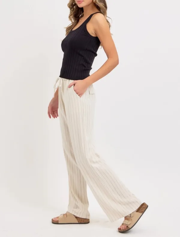 Striped Linen Blend Drawstring Pants