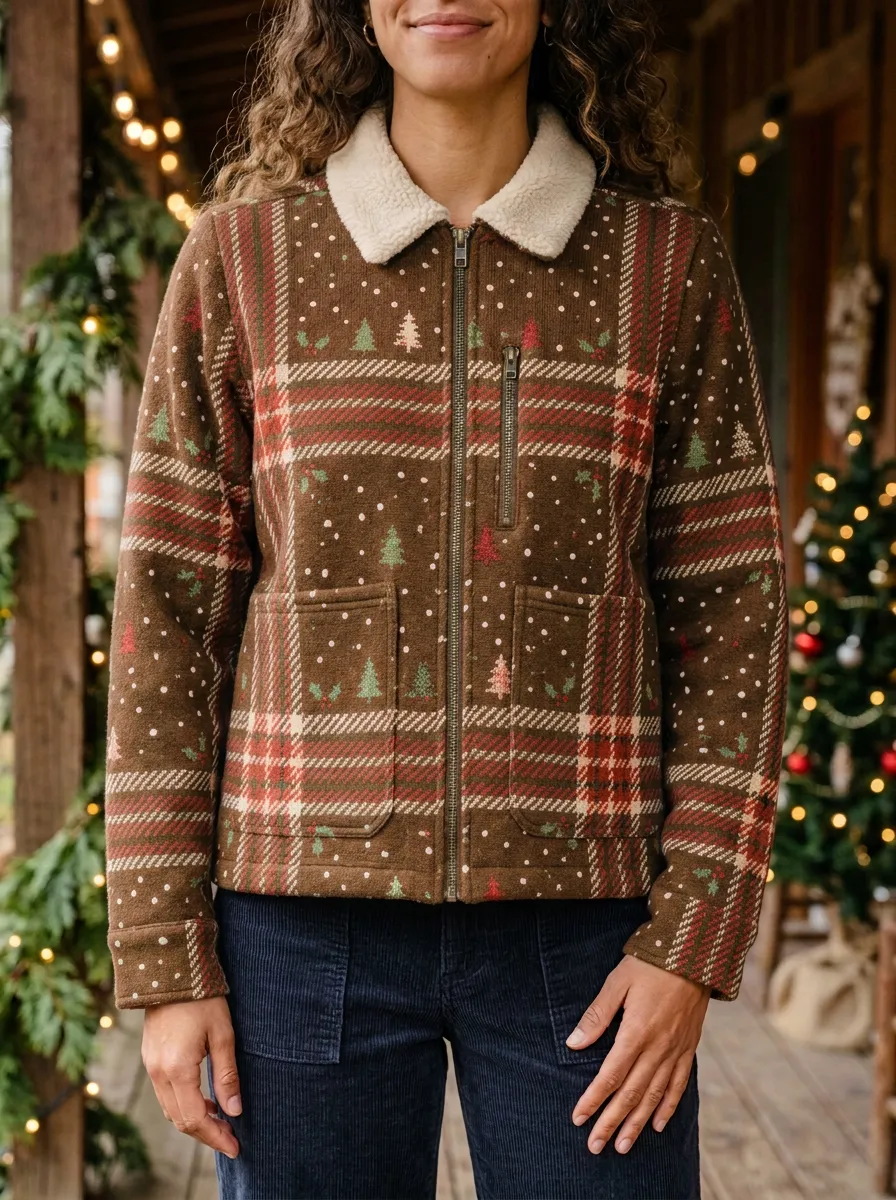 Christmas Holiday Plaid Tree Pattern Print Fleece Jacket
