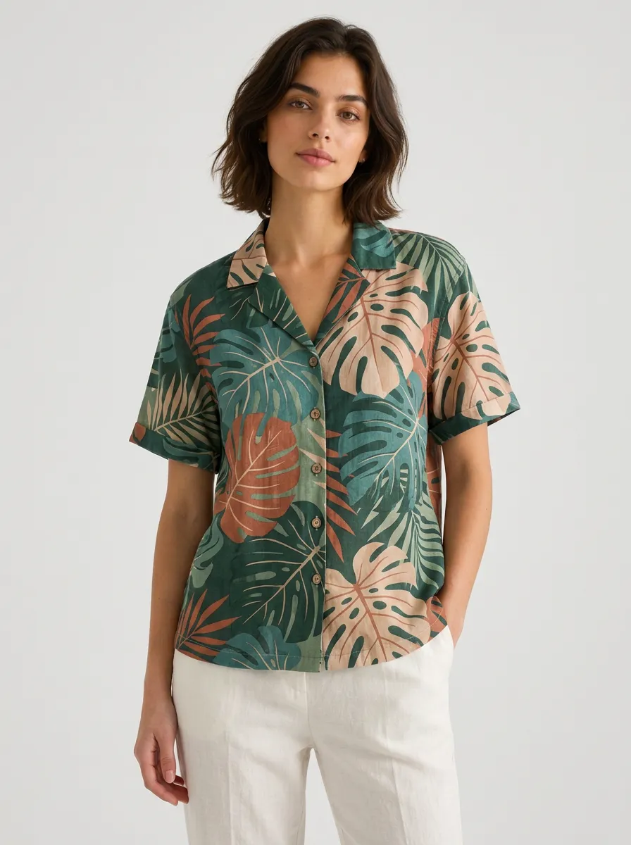 Women's Tropical Vacation Botanical Monstera Leaf Printed Shirt