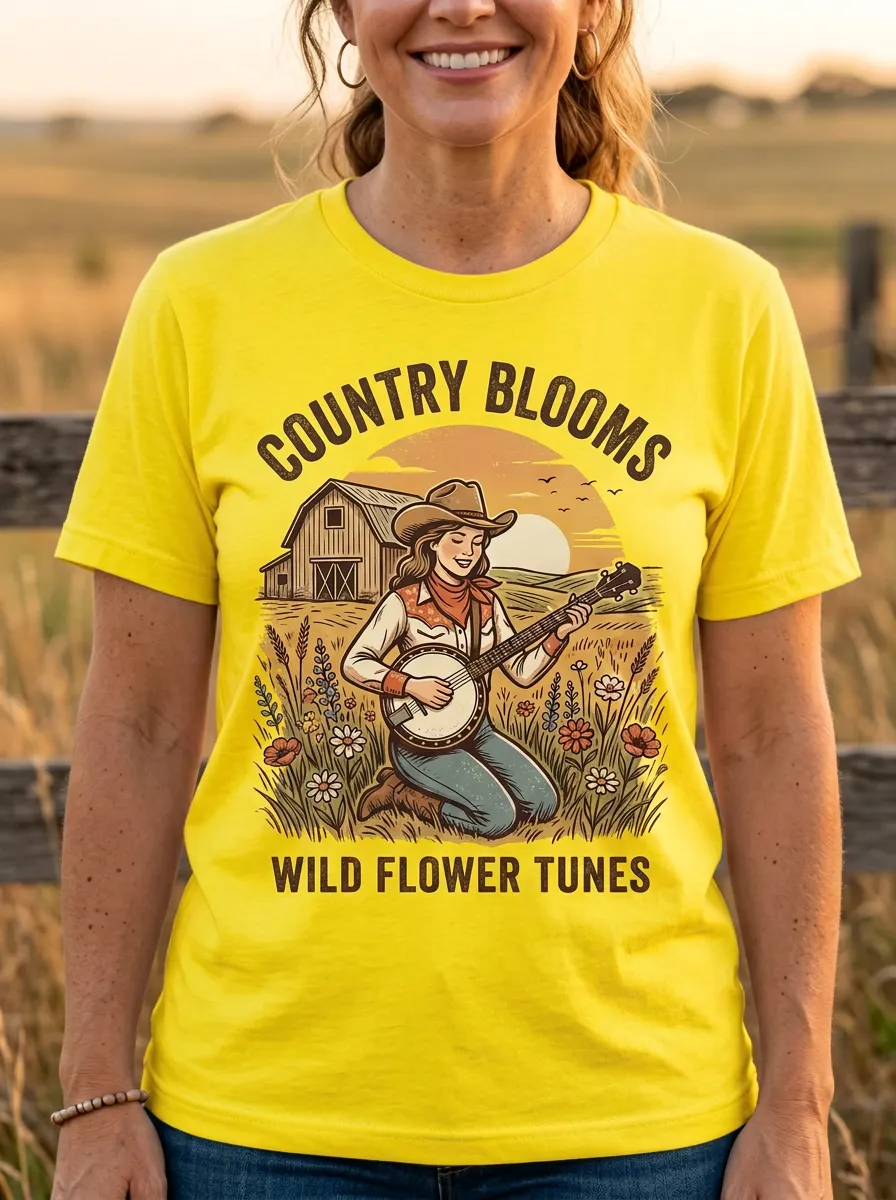 Acoustic Country Music Banjo Cowgirl Crew Neck T-Shirt