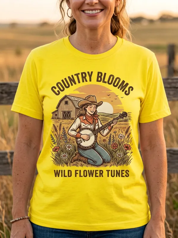 Acoustic Country Music Banjo Cowgirl Crew Neck T-Shirt